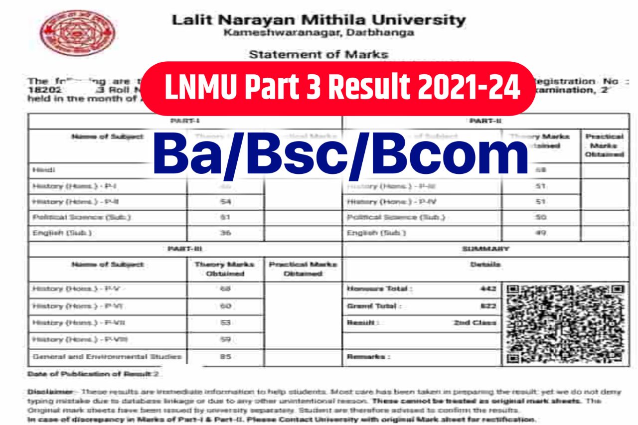 LNMU Part 3 Result 2021-24 : Lnmu BA/BSc/BCom Part 3 Result 2024