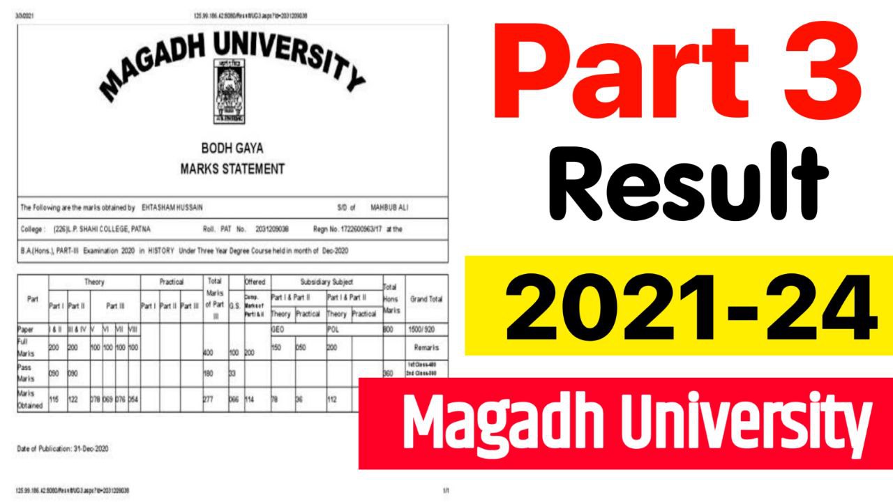 Magadh University Part 3 Result 2024 (2021-24), Check BA BSc BCom Result